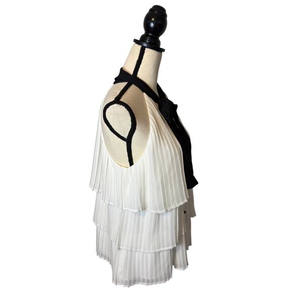 White House Black Market Bow-Neck Pleated Blouse Womens Size 12 White/Black - Picture 5 of 8